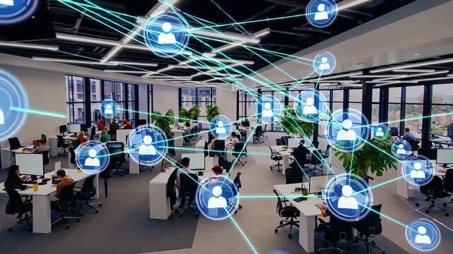 Modern office space showcasing collaboration and connectivity during a busy workday in a vibrant city environment