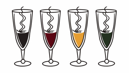 Minimilist four champagne glasses filled with different colored liquids and a swirly line in each glass design vector