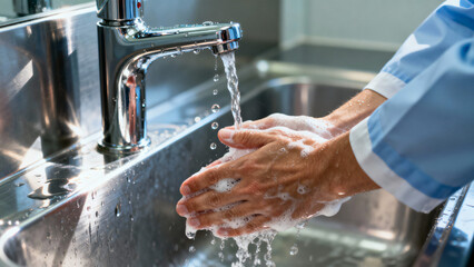 Hands Washing with Soap Under Running Tap Water in Modern Kitchen Sink