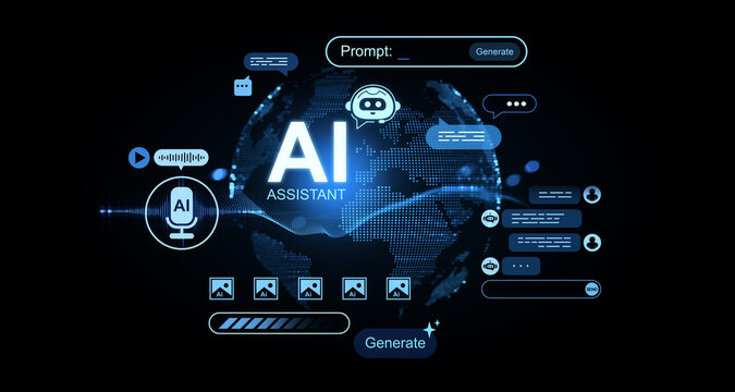 AI assistant interface with chatbot prompt, speech icon, and digital globe in futuristic concept design style on dark blur background. 3D Rendering