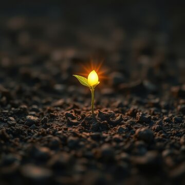 Glowing seedling emerging from soil in darkness, symbol of hope and new life