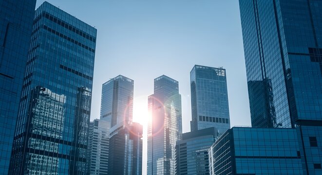 concepto de edificios de rascacielos comerciales y financieros. Vista de &aacute;ngulo bajo y destello de lente de rascacielos ciudad moderna de edificios de oficinas en el centro de negocios con cielo azul.