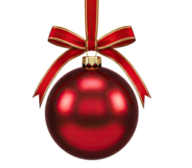 A red Christmas ornament with a red ribbon and a gold bow hanging from a png transparent.