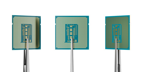 Close-up of three computer processors held by tweezers from different angles against white...