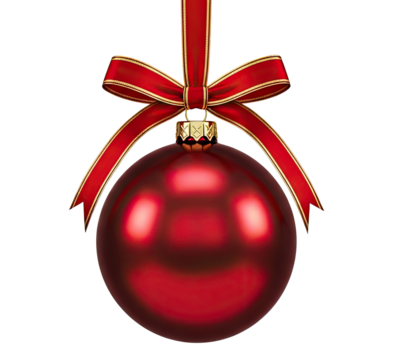 A red Christmas ornament with a red ribbon and a gold bow hanging from a png transparent.