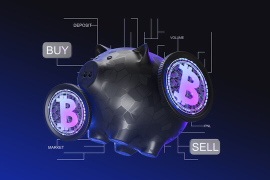 Futuristic piggy bank with cryptocurrency coins and digital trading interface on dark gradient background representing modern crypto finance concept. 3D Rendering