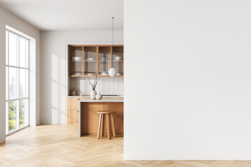 Fototapeta na wymiar Modern kitchen interior with wooden furniture and large window next to clean white wall for poster mockup or design display concept template backdrop. 3D Rendering