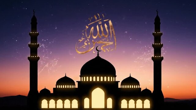 Stunning mosque silhouette at twilight with celestial backdrop, perfect for serene, spiritual, and cultural themed projects during holy observance