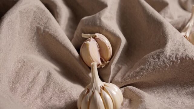 Exploring the textures and details of fresh garlic on a soft linen surface in natural light