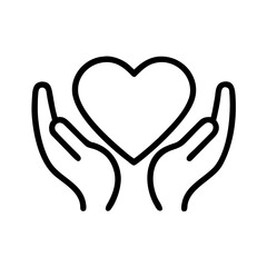 Obraz premium Simple line art icon depicting two hands cradling a heart, symbolizing care, health, charity, love, and protection in a clear, universal design.