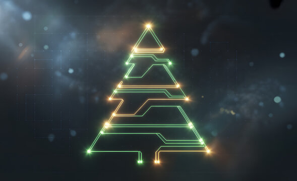Futuristic christmas tree made of glowing circuit board lines on a dark cosmic background