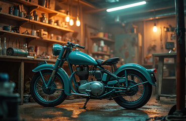 Turquoise vintage motorbike rests on wet floor in workshop. Shelves with tools and lamps fill garage interior. Classic bike shows detailed engine, and chrome parts. Retro transport for adventure.