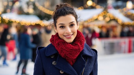 A woman in a blue coat and red scarf