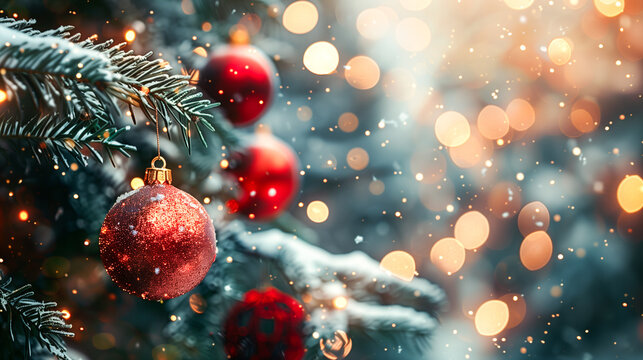 Close-up of a sparkling red bauble on a snowy christmas tree branch