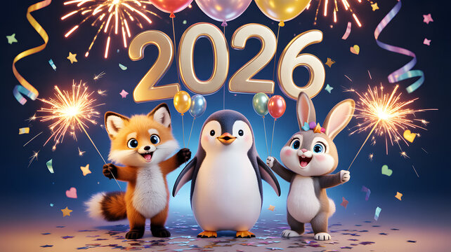Cute cartoon fox penguin and bunny celebrating the new year 2026 with fireworks and balloons