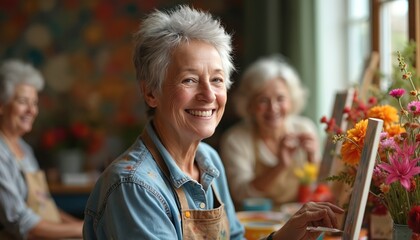 Smiling senior woman paints in studio with friends. Elderly art class students fun painting still life together. Mature lady enjoys creative hobby in retirement. Group painting lesson great fun.