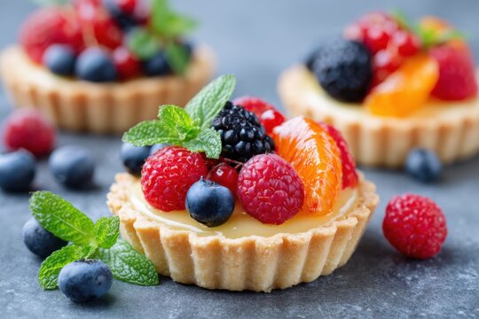 Citrus tartlet topped with fresh berries and mint leaves, showcasing vibrant colors and textures, perfect for dessert lovers and culinary enthusiasts with copy space