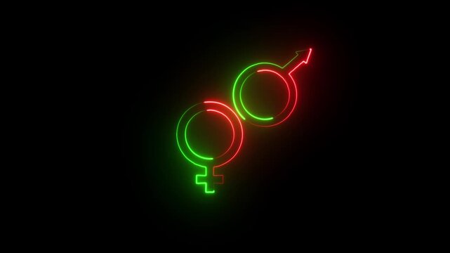 Glowing neon male and female icon. Male And Female gender equality animation .Male and female sign of gender equality motion graphic icon.