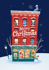 Christmas greeting card illustration of a shop and a building in New York style