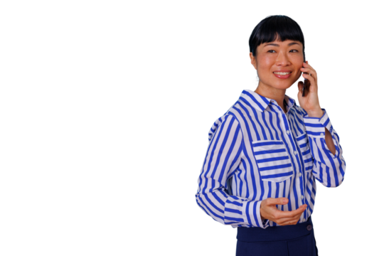 Happy woman holding colorful shopping bags and talking on mobile phone, enjoying shopping spree, transparent background - Powered by Adobe