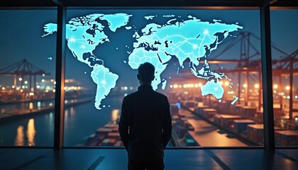 Man looks at glowing world map showing shipping routes over port. Advanced AI tech optimizes global cargo transport, container movement at logistic hub. Future supply chain management, freight