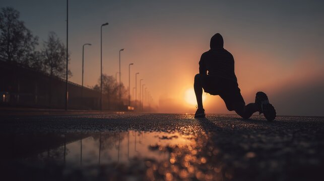 Low angle silhouette of a male runner stretching his legs on a wet asphalt road during a foggy sunrise