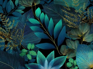 An image showcasing a lush array of digitally rendered foliage with intricate line work and contrasting colors against a dark, moody backdrop.