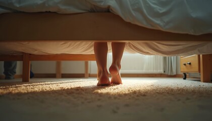 Childs bare feet step onto fluffy rug beside bed. Morning sun streams into bedroom, casting shadows. Kid wakes up, gets ready for day, leaving cozy sleep space.