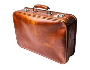 Vintage Brown Leather Suitcase With Metal Accents Isolated On Transparent Background With Detailed Texture And Stitching