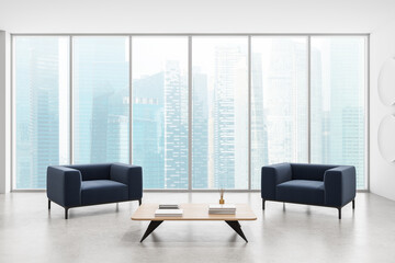 Modern office interior design with two navy armchairs and coffee table in front of large panoramic windows overlooking city skyline. 3D Rendering