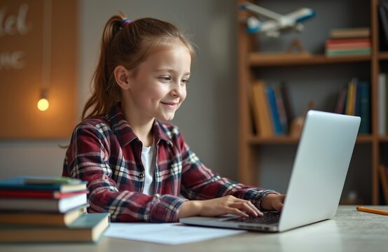 Young girl smiling types on laptop doing schoolwork at desk with books. She learns at home in cozy room, enjoying her studies and online class.