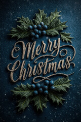 Merry Christmas typography with holly leaves on rich navy background