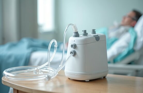 Portable phlegm suction device sits on hospital table beside patient recovering from tracheostomy. Machine assists with mucus drainage, respiratory support in intensive care setting. Medical