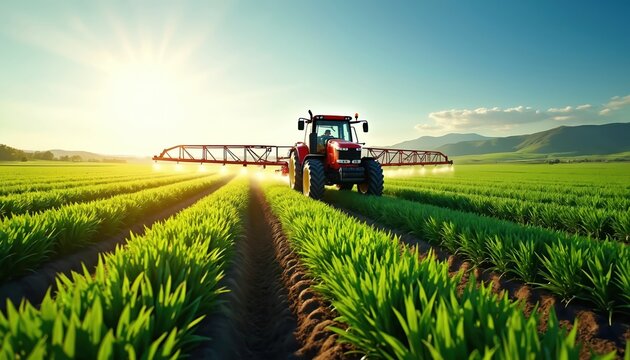 Red tractor sprays fertilizer on crop fields during sunny day. Agriculture machine works at farmland. Farming tech uses modern solutions for harvesting. Agricultural process at countryside. - Powered by Adobe