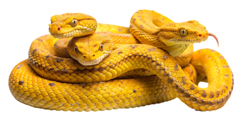 A vibrant yellow viper snake coiled and ready to strike, isolated on a transparent background, showcasing its intricate scales and piercing eyes, a symbol of danger and beauty in nature