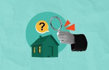 Conceptual illustration of property inspection with magnifying glass and house symbol on textured blue background as creative real estate analysis concept.