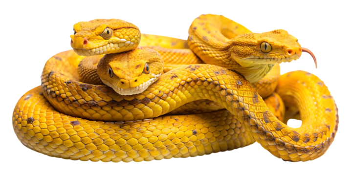 A vibrant yellow viper snake coiled and ready to strike, isolated on a transparent background, showcasing its intricate scales and piercing eyes, a symbol of danger and beauty in nature