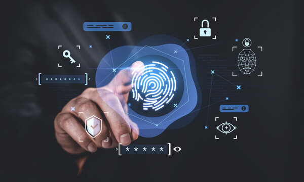 Fingerprint scan technology with biometric icons showing identity verification, data security, and password authentication concept on dark background.