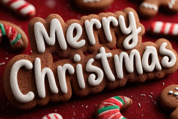 Merry Christmas text with gingerbread bells and candy canes on deep red background
