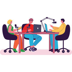Three People Recording Podcast Session at Table with Microphones and Laptops Vibrant Colors Isolated on White Background