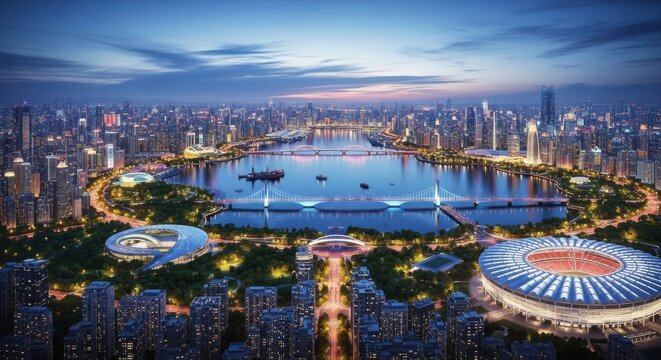 Stunning skyline view of a vibrant city at twilight with a river and architectural landmarks