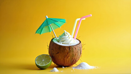 Coconut drink with straw and green umbrella on yellow background. Half lime and sugar nearby. Refreshing beverage in coconut shell with whipped cream topping.