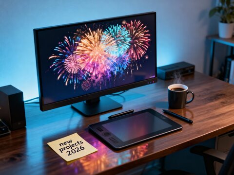 designer desk setup editing new year 2026 graphic with tablet