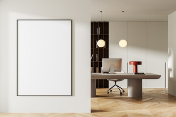 Minimalist office interior with blank framed poster mockup on clean wall and modern workspace in bright neutral tones and wood texture backdrop. 3D Rendering