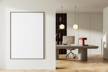 Fototapeten Pony Minimalist office interior with blank framed poster mockup on clean wall and modern workspace in bright neutral tones and wood texture backdrop. 3D Rendering  © ImageFlow