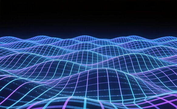 Undulating neon grid forming digital landscape purple and blue mesh waves create retrofuturistic horizon, glowing contours