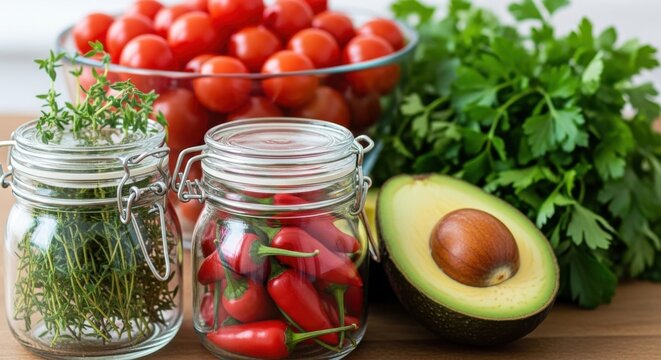 Fresh vegetables and herbs in jars with ripe avocado and cherry tomatoes on wooden surface