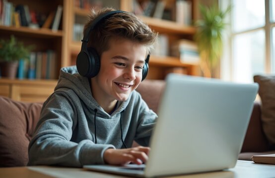 Young boy smiles while wearing headphones and using a laptop for online learning. He is sitting indoors at a desk, typing and concentrating on his computer screen during his remote education.