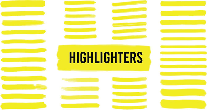 Bright yellow highlighter marks on a white background with the word highlighters in the center