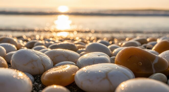 Sunlit pebbles along the shoreline at sunset creating a peaceful beach scene
